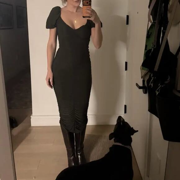 Ronny Kobo Olive Mesh Ruched Midi Dress MEDIUM Slinky Bodycon Cocktail Designer - Picture 4 of 12
